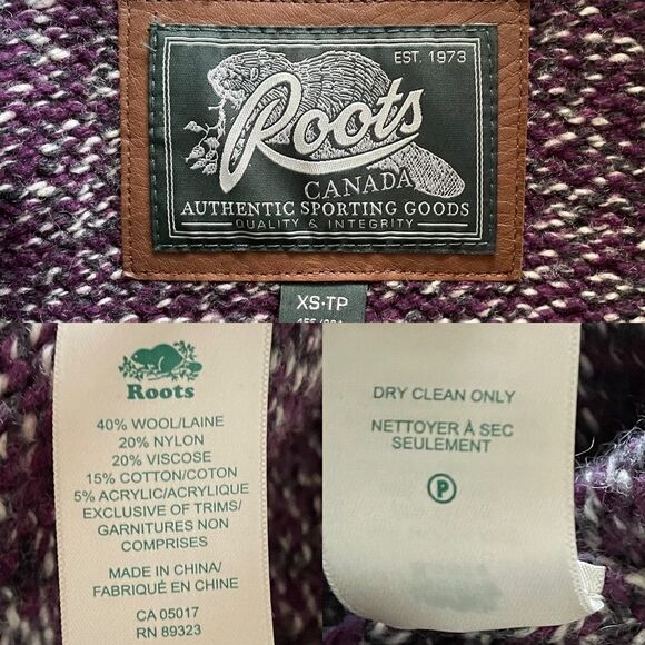 𝅺ROOTS Women’s Wool Button Front Shawl Collar Cardigan Sweater Purple Cream XS - Picture 6 of 6